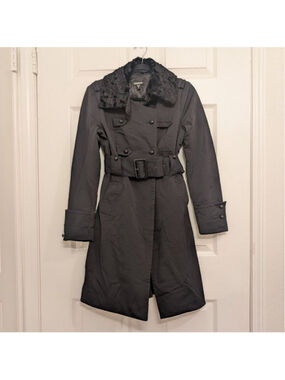 bebe Black Military Trench Coat Faux Fur Collar Belted Jacket XS Luxe Gothic
